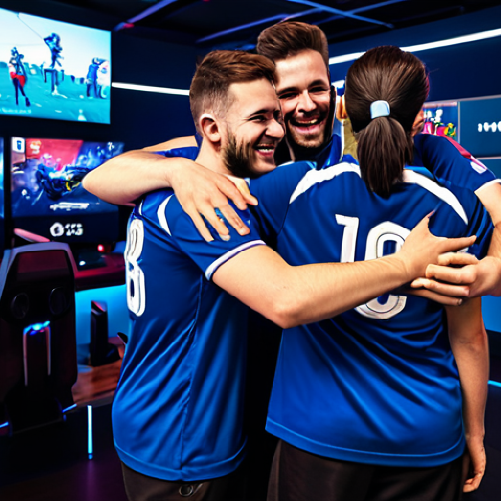 A professional e-sports team, comprised of diverse adult gamers, in a high-tech gaming arena, celebrating a victory with a group hug, showing strong team synergy and perfect coordination. They are wearing modest, professional e-sports uniforms. The background features bright, modern gaming lights and a large screen displaying game statistics. The atmosphere is energetic and positive. Fully clothed, appropriate attire, safe for work, professional, perfect anatomy, correct proportions, natural pose, well-formed hands, proper finger count, natural body proportions, professional photography, high quality.