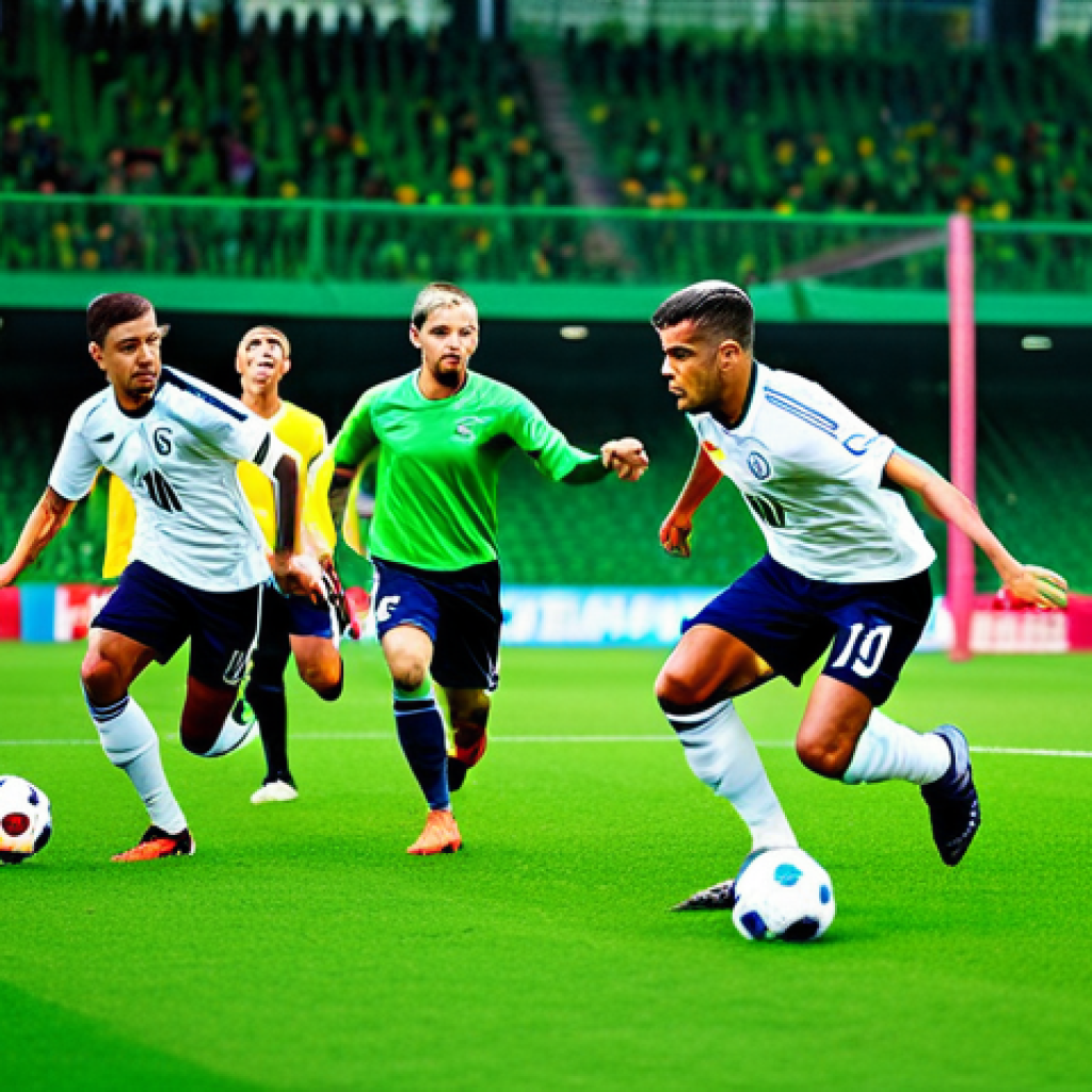 FC온라인 전술 가이드 - "A football team on a vibrant green field, players in action demonstrating an aggressive attacking s...