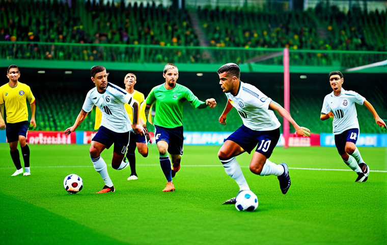 FC온라인 전술 가이드 - "A football team on a vibrant green field, players in action demonstrating an aggressive attacking s...