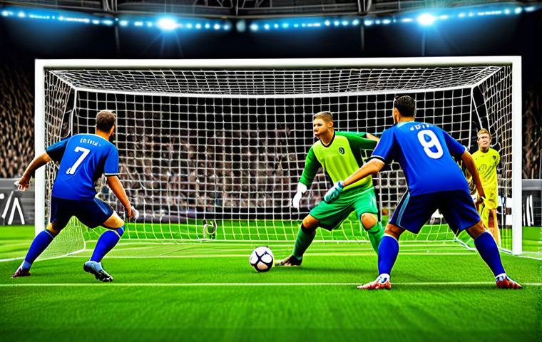 FC온라인 전술 가이드 - "A football team on a vibrant green field, players in action demonstrating an aggressive attacking s...