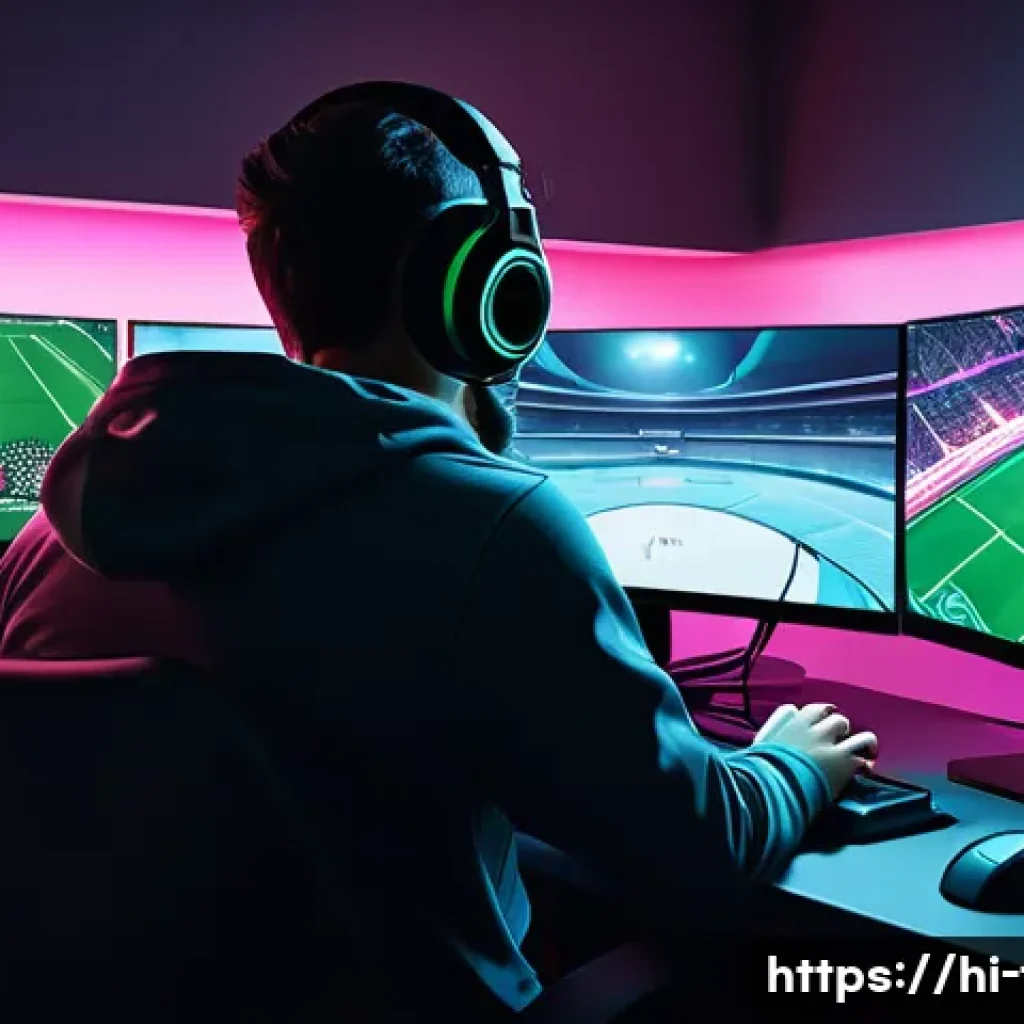 FC온라인 버그 제보 방법 - A detailed digital illustration of a gamer intensely focused on reporting a bug in an online footbal...