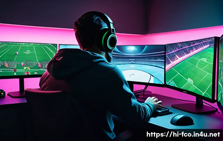 FC온라인 버그 제보 방법 - A detailed digital illustration of a gamer intensely focused on reporting a bug in an online footbal...