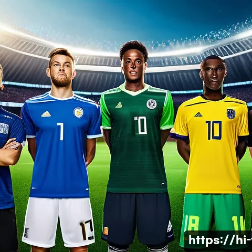 FC온라인 포지션 맞춤형 선수 - A dynamic football team strategy scene showing a diverse group of players in detailed soccer uniform...