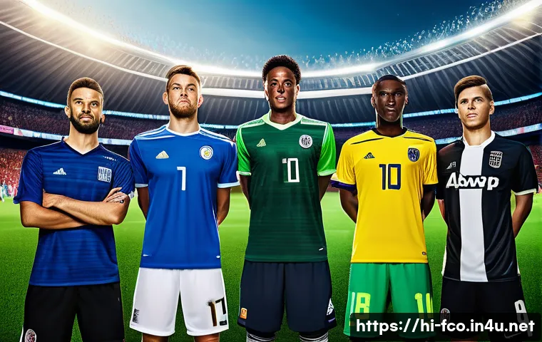 FC온라인 포지션 맞춤형 선수 - A dynamic football team strategy scene showing a diverse group of players in detailed soccer uniform...