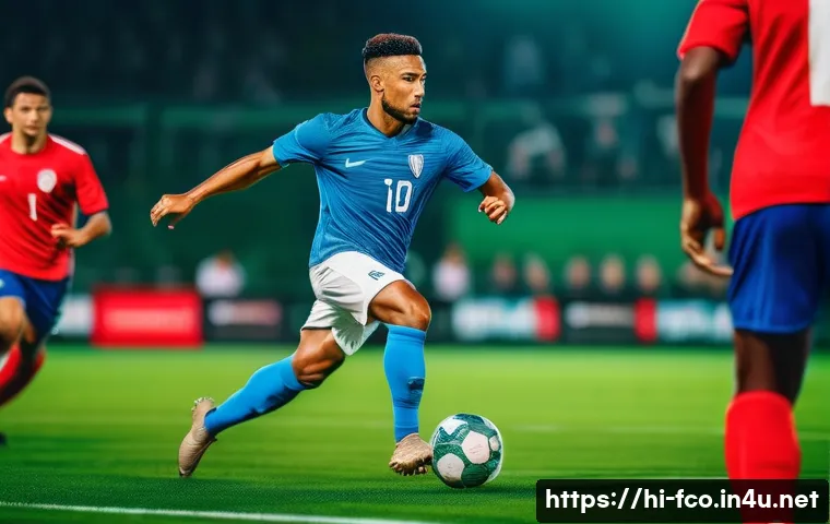 FC온라인 포지션별 스킬 셋팅 - A dynamic soccer scene showing a forward player in detailed action, wearing a full team uniform with...