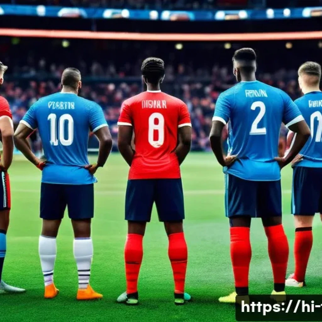 FC온라인 팀 빌딩 가이드 - A dynamic football team meeting scene with diverse players in sportswear (underwear or shorts and je...