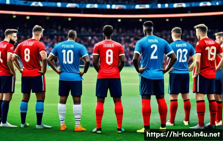 FC온라인 팀 빌딩 가이드 - A dynamic football team meeting scene with diverse players in sportswear (underwear or shorts and je...