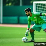 FC온라인 전설 팀 구성법 - A confident Hindi-speaking soccer goalkeeper in a dynamic pose, wearing a full goalkeeper kit includ...