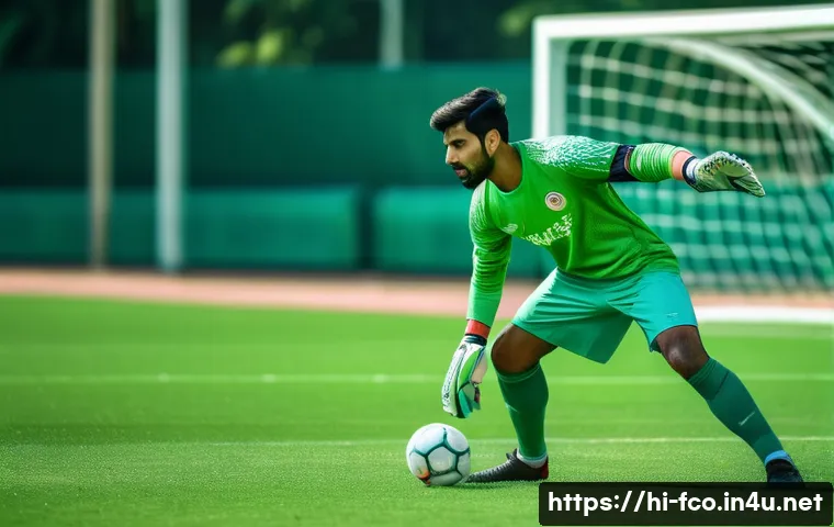 FC온라인 전설 팀 구성법 - A confident Hindi-speaking soccer goalkeeper in a dynamic pose, wearing a full goalkeeper kit includ...