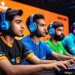 FC온라인 공식 파트너 혜택 - A vibrant gaming tournament scene featuring diverse professional gamers competing on stage with inte...