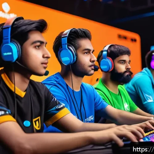 FC온라인 공식 파트너 혜택 - A vibrant gaming tournament scene featuring diverse professional gamers competing on stage with inte...