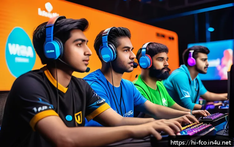 FC온라인 공식 파트너 혜택 - A vibrant gaming tournament scene featuring diverse professional gamers competing on stage with inte...