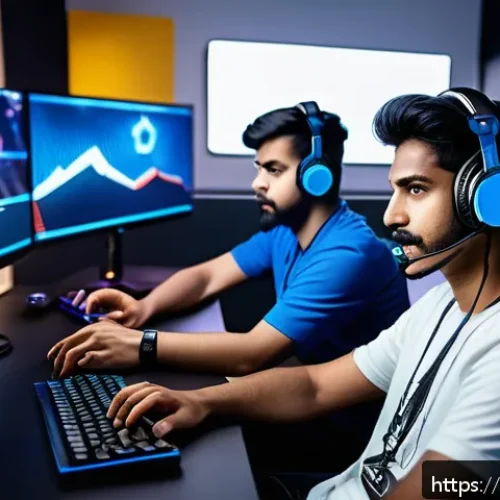 FC온라인 팀 연계 플레이 - A dynamic esports team in a high-tech gaming room, intensely communicating during an FC Online match...
