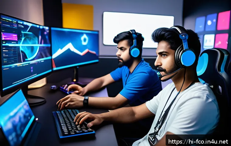 FC온라인 팀 연계 플레이 - A dynamic esports team in a high-tech gaming room, intensely communicating during an FC Online match...