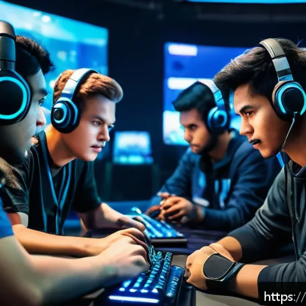 FC온라인 자주 쓰이는 용어 - A dynamic scene of a diverse team of gamers communicating via in-game voice chat during an intense m...