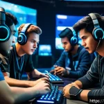 FC온라인 자주 쓰이는 용어 - A dynamic scene of a diverse team of gamers communicating via in-game voice chat during an intense m...