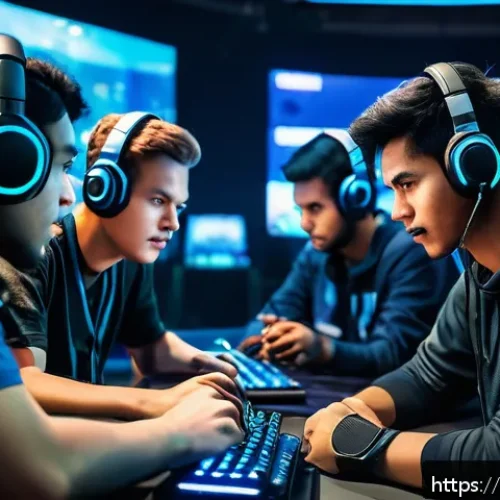 FC온라인 자주 쓰이는 용어 - A dynamic scene of a diverse team of gamers communicating via in-game voice chat during an intense m...