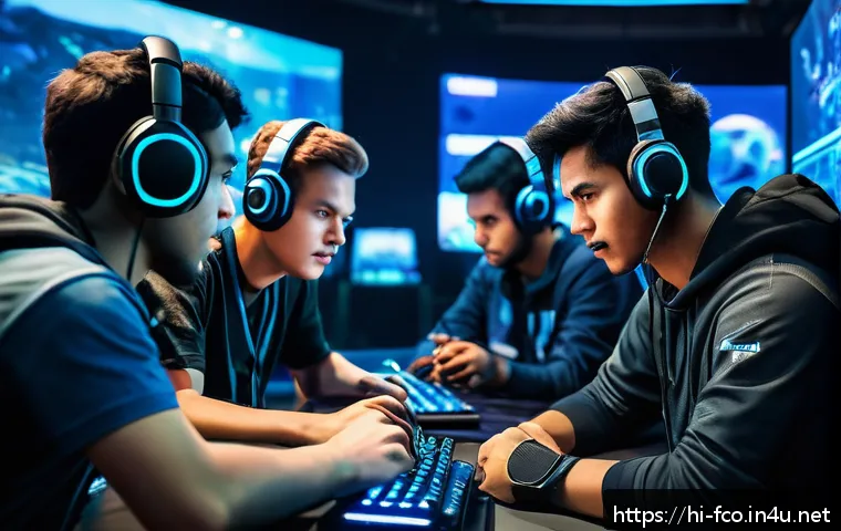 FC온라인 자주 쓰이는 용어 - A dynamic scene of a diverse team of gamers communicating via in-game voice chat during an intense m...