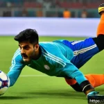 FC온라인 골키퍼 활용법 - A dynamic scene of a male Indian goalkeeper in mid-air dive during a football match, wearing a full ...