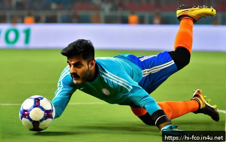 FC온라인 골키퍼 활용법 - A dynamic scene of a male Indian goalkeeper in mid-air dive during a football match, wearing a full ...
