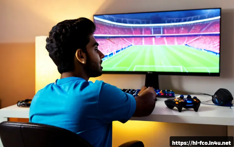 FC온라인 업데이트 체험기 - Photorealistic Indian young adult gamer experiencing a newly updated online football video game at a...